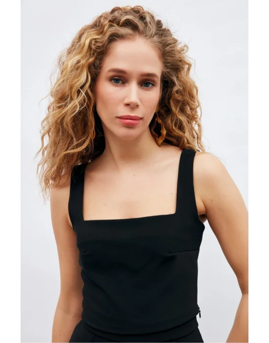 Kare Yaka Crop Bluz - Siyah