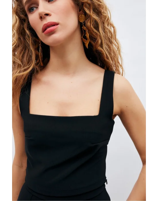 Kare Yaka Crop Bluz - Siyah