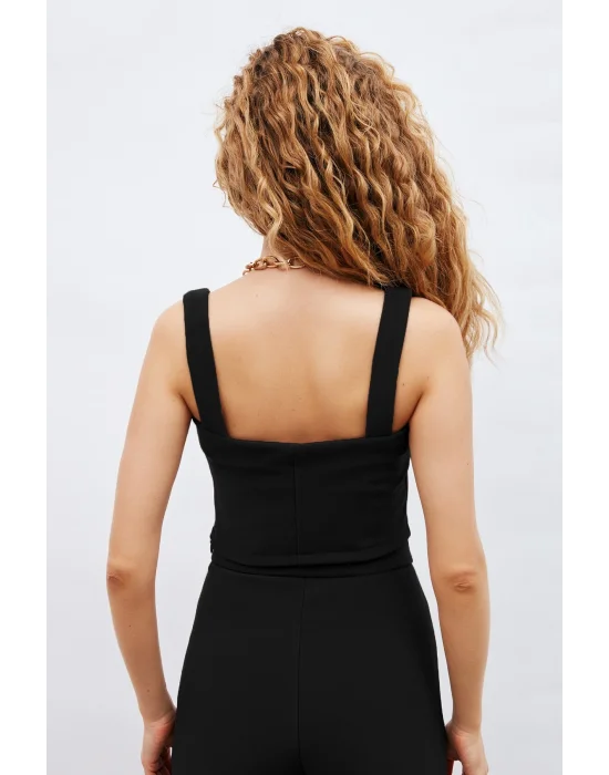 Kare Yaka Crop Bluz - Siyah