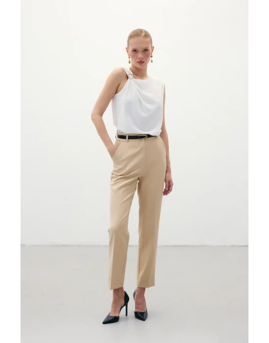 Kemerli Pantolon - Koyu Bej