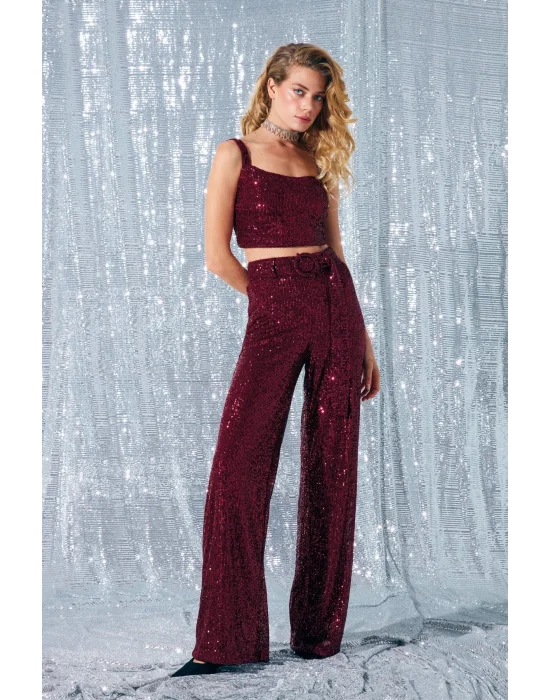 Kemerli Payet Pantolon - Bordo