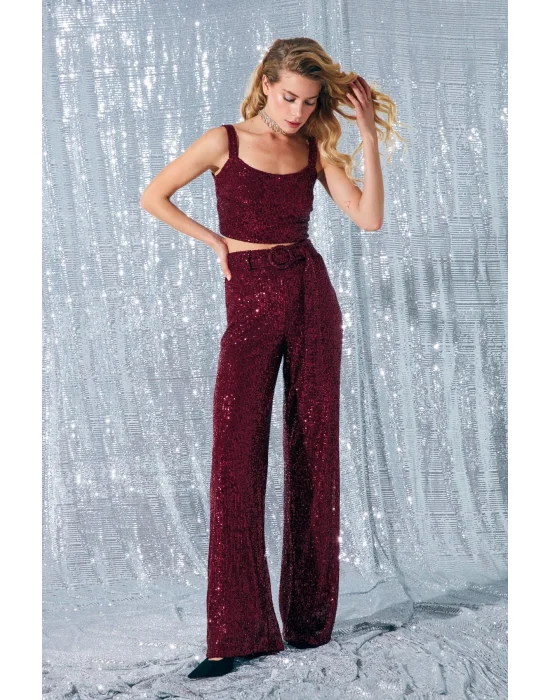 Kemerli Payet Pantolon - Bordo