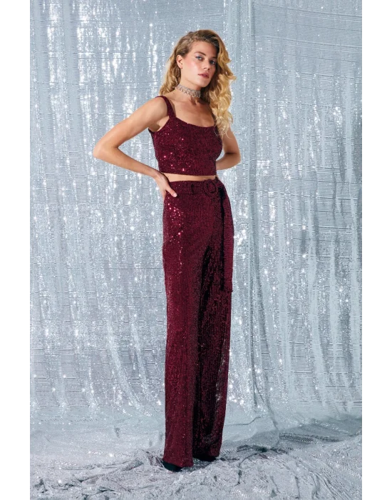 Kemerli Payet Pantolon - Bordo