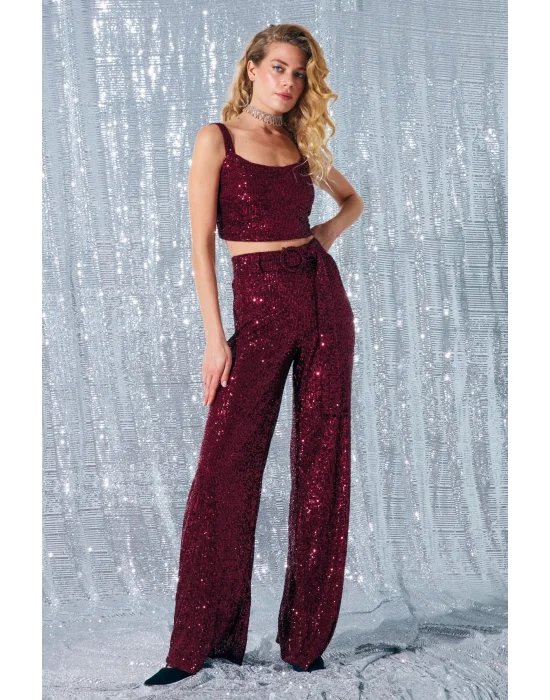 Kemerli Payet Pantolon - Bordo