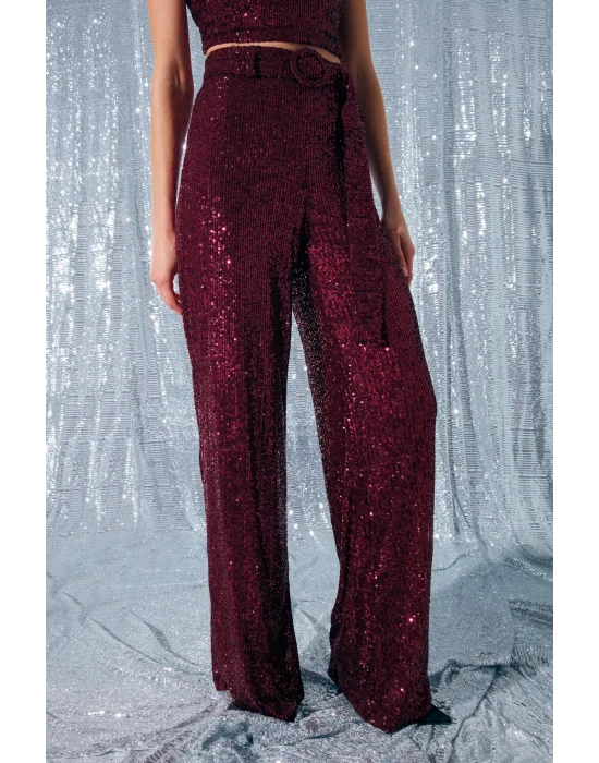 Kemerli Payet Pantolon - Bordo