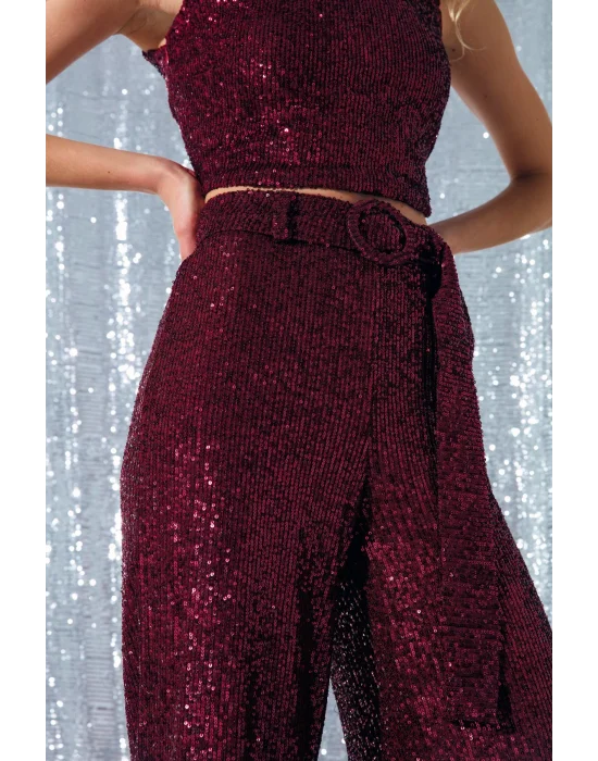 Kemerli Payet Pantolon - Bordo