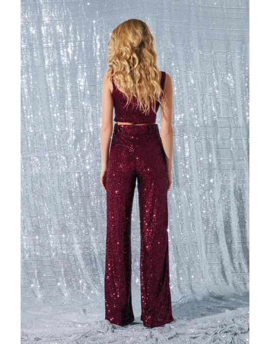 Kemerli Payet Pantolon - Bordo