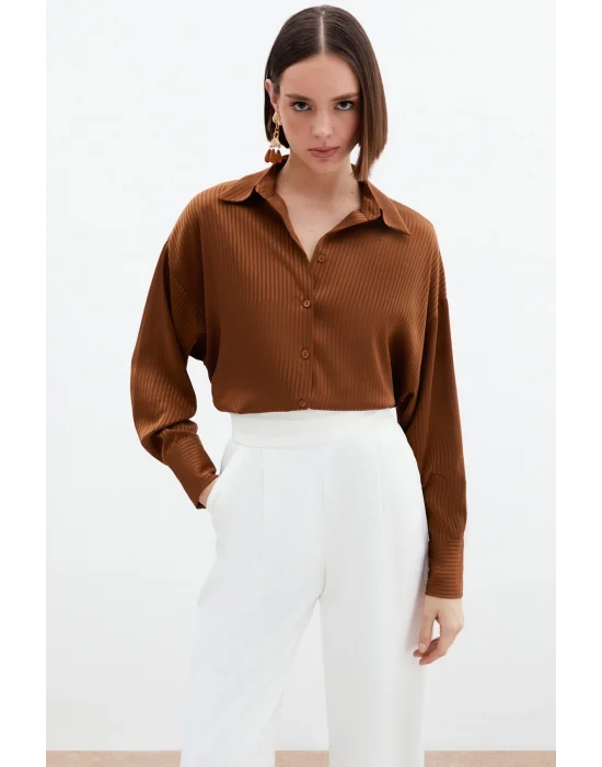 Kendinden Çizgi Desenli Gömlek - Kahve