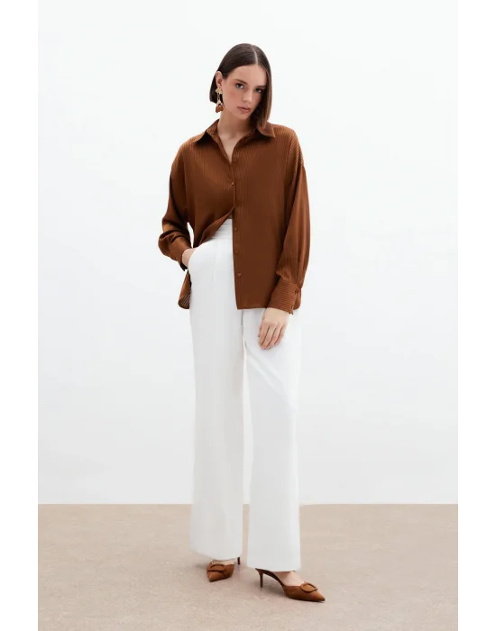 Kendinden Çizgi Desenli Gömlek - Kahve