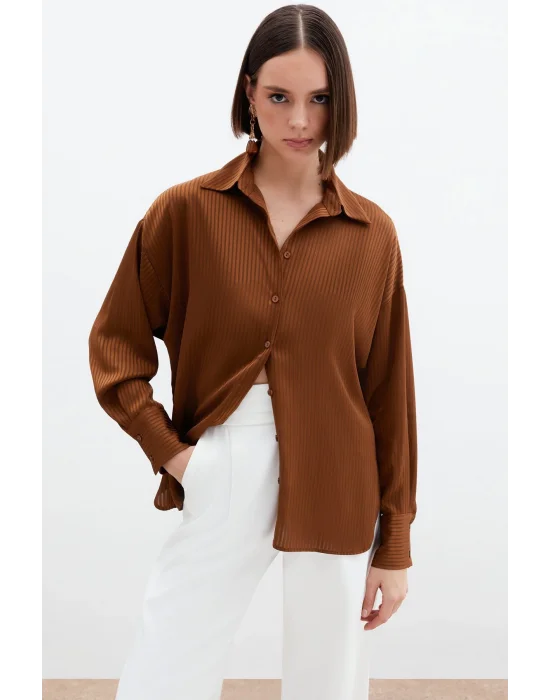 Kendinden Çizgi Desenli Gömlek - Kahve