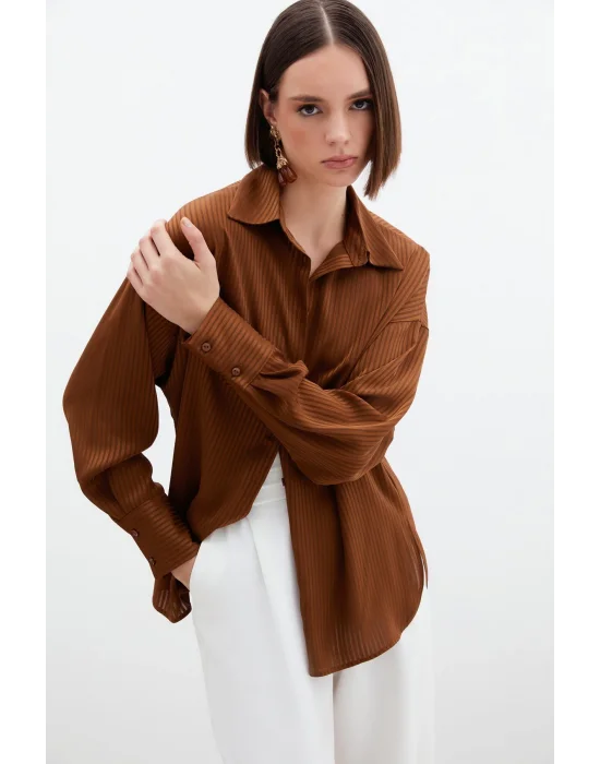 Kendinden Çizgi Desenli Gömlek - Kahve