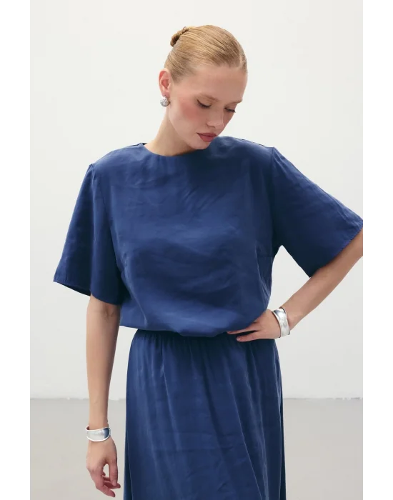 Kısa Kollu Salaş Bluz - İndigo