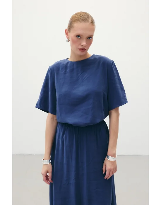 Kısa Kollu Salaş Bluz - İndigo