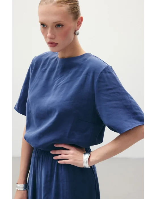 Kısa Kollu Salaş Bluz - İndigo