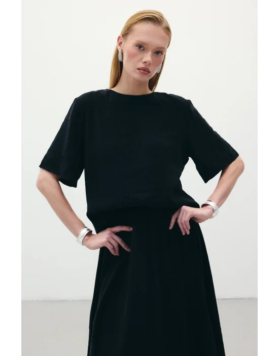 Kısa Kollu Salaş Bluz - Siyah