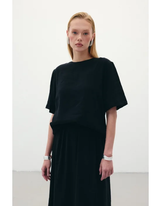 Kısa Kollu Salaş Bluz - Siyah