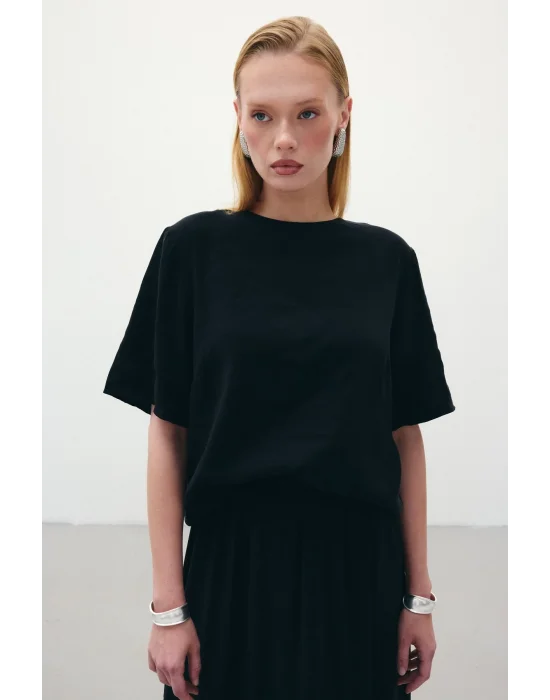 Kısa Kollu Salaş Bluz - Siyah