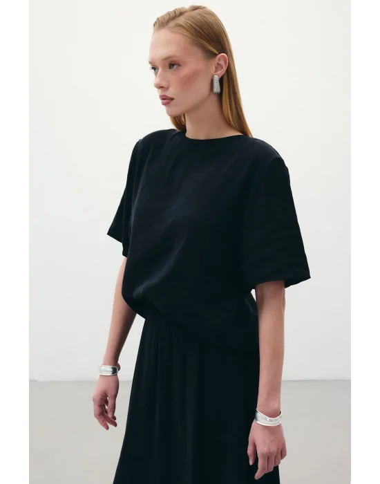 Kısa Kollu Salaş Bluz - Siyah