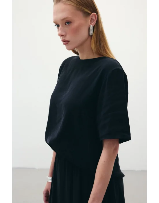 Kısa Kollu Salaş Bluz - Siyah