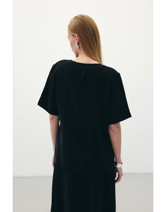 Kısa Kollu Salaş Bluz - Siyah