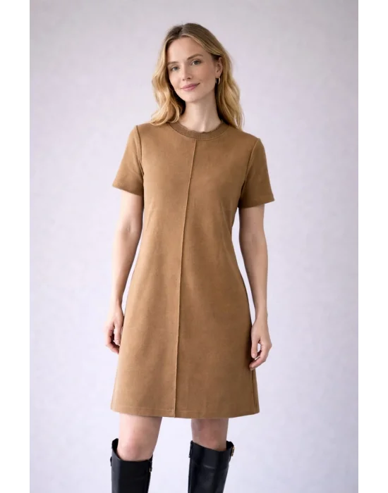 Kısa Kollu Triko Elbise - Kahverengi