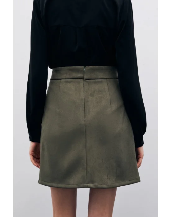 Kısa Süet Etek - Haki
