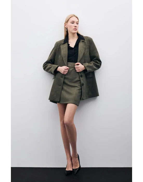 Kısa Süet Etek - Haki