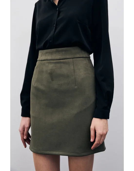 Kısa Süet Etek - Haki
