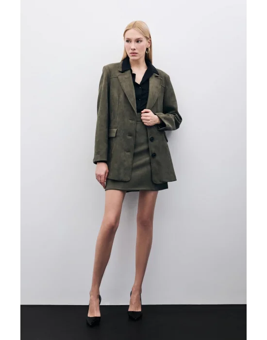 Kısa Süet Etek - Haki