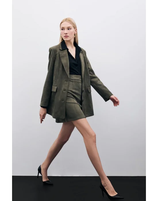 Kısa Süet Etek - Haki