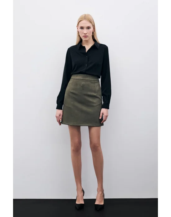 Kısa Süet Etek - Haki