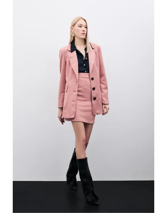 Kısa Süet Etek - Pudra