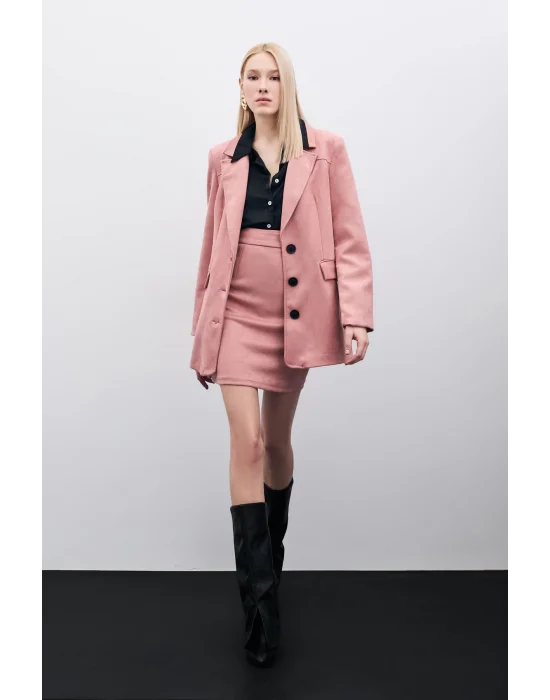 Kısa Süet Etek - Pudra