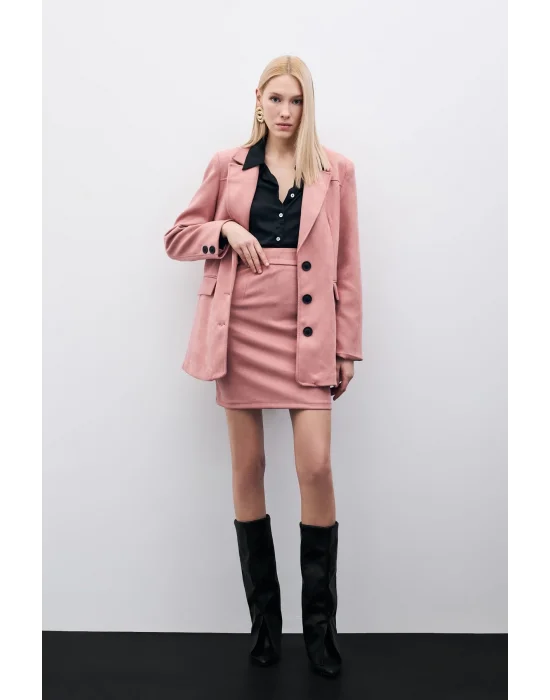 Kısa Süet Etek - Pudra