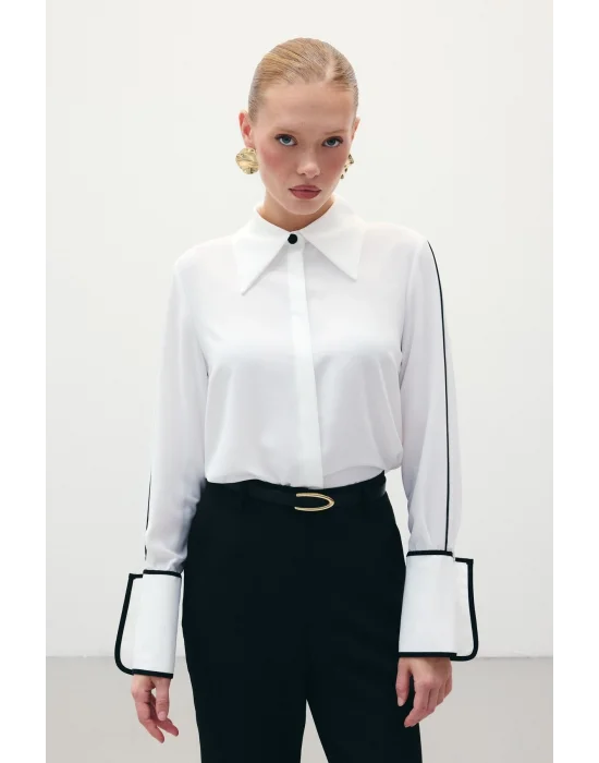 Klasik Manşetli Kontrast Gömlek - Ekru