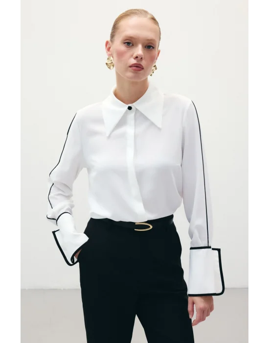 Klasik Manşetli Kontrast Gömlek - Ekru