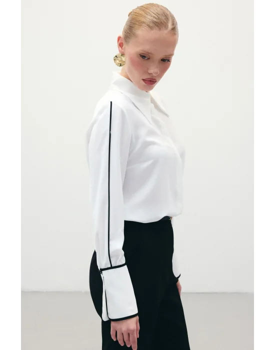 Klasik Manşetli Kontrast Gömlek - Ekru