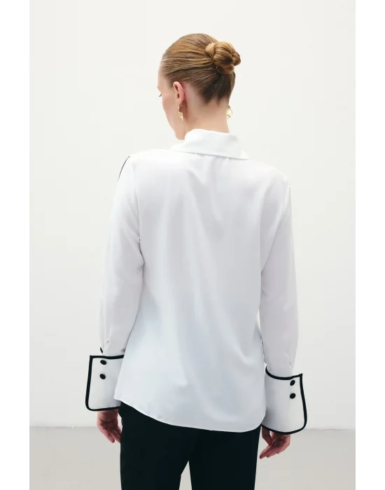 Klasik Manşetli Kontrast Gömlek - Ekru