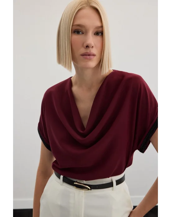 Kollar Taş Detaylı Salaş Bluz - Bordo