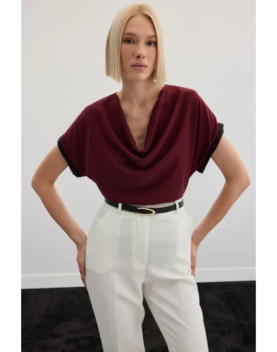 Kollar Taş Detaylı Salaş Bluz - Bordo