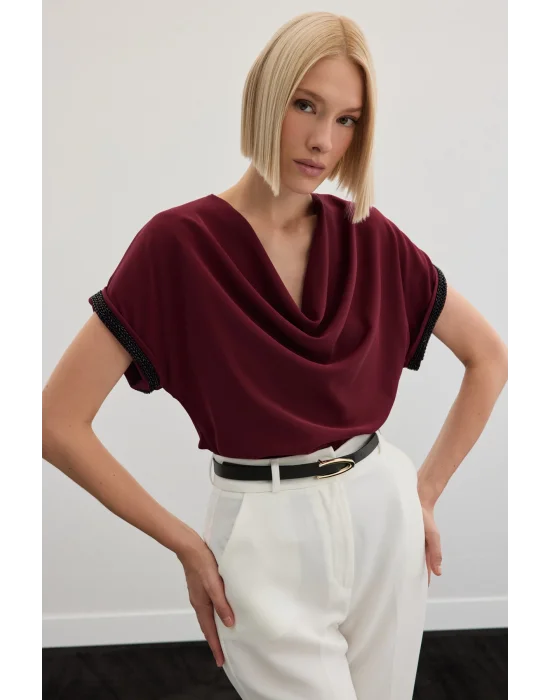 Kollar Taş Detaylı Salaş Bluz - Bordo