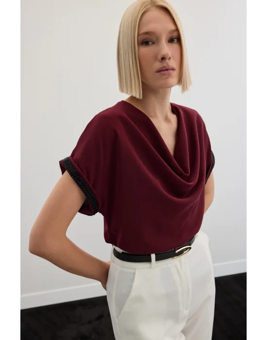 Kollar Taş Detaylı Salaş Bluz - Bordo