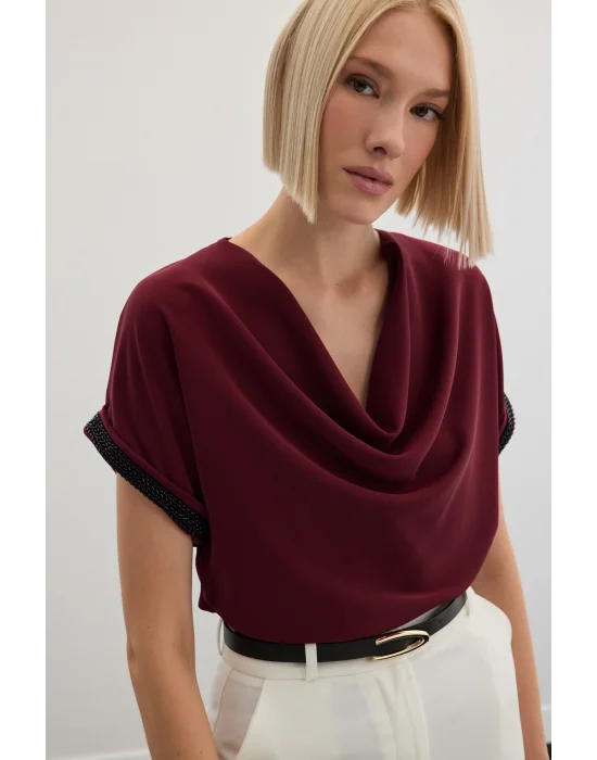 Kollar Taş Detaylı Salaş Bluz - Bordo