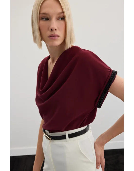 Kollar Taş Detaylı Salaş Bluz - Bordo