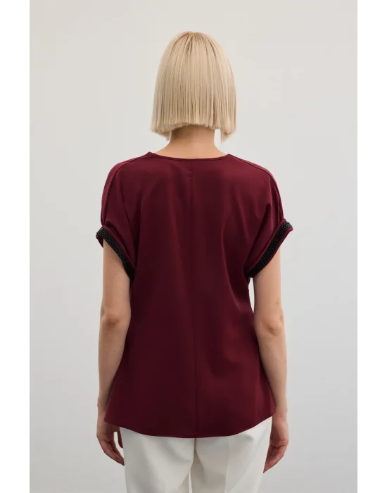 Kollar Taş Detaylı Salaş Bluz - Bordo