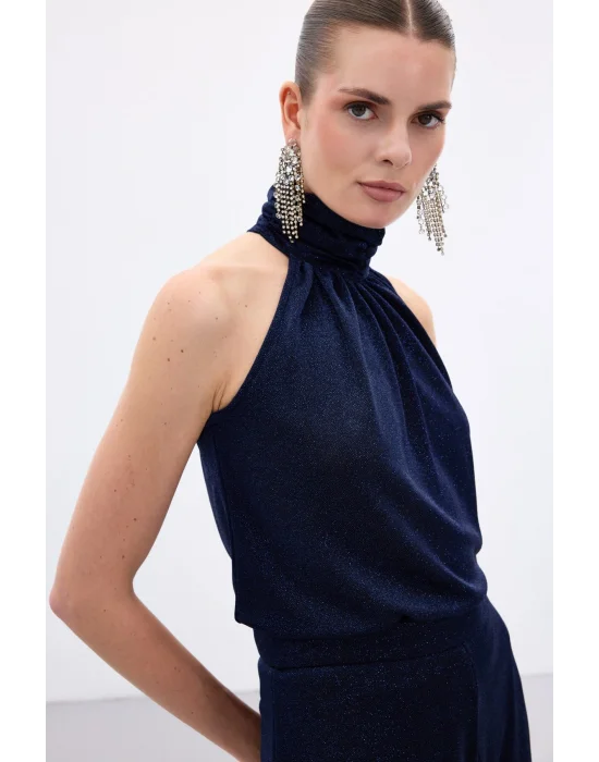 Kolsuz Parlak Bluz - Lacivert