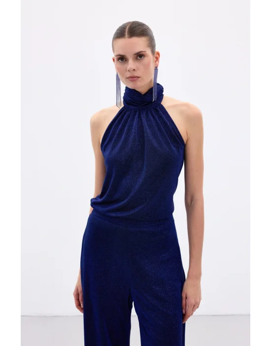 Kolsuz Parlak Bluz - Sax Mavi