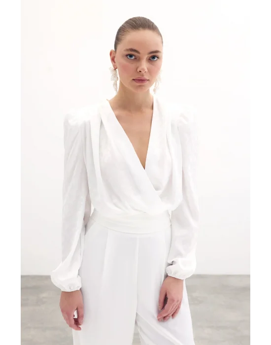 Kruvaze Desenli Bodysuit Bluz - Ekru