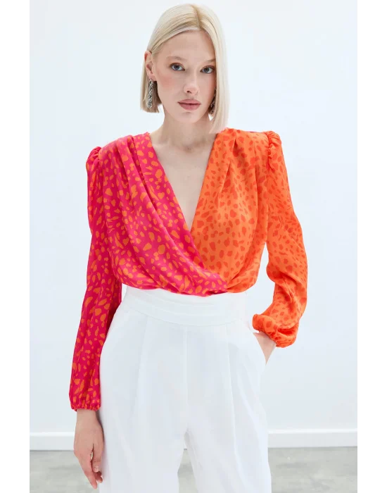 Kruvaze Desenli Bodysuit - Oranj-Fuşya