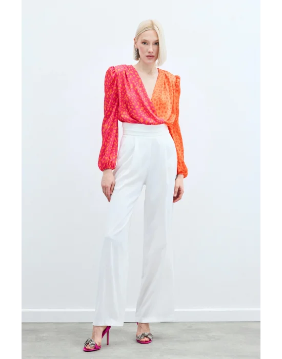 Kruvaze Desenli Bodysuit - Oranj-Fuşya